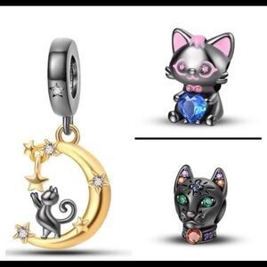 Cute silver black kitty cat charms - lot of 3